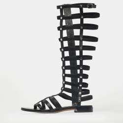 Pre Owned Stuart Weitzman Black Elastic and Leather Gladiator Flat Sandals Size 35