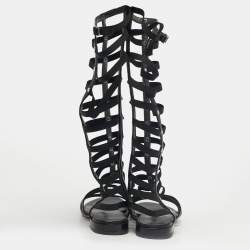 Pre Owned Stuart Weitzman Black Elastic and Leather Gladiator Flat Sandals Size 35