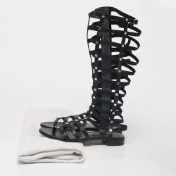 Pre Owned Stuart Weitzman Black Elastic and Leather Gladiator Flat Sandals Size 35