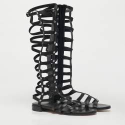 Pre Owned Stuart Weitzman Black Elastic and Leather Gladiator Flat Sandals Size 35