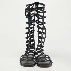 Pre Owned Stuart Weitzman Black Elastic and Leather Gladiator Flat Sandals Size 35