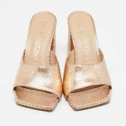 Pre Owned Stuart Weitzman Gold Snakeskin Embossed Leather Slide Sandals Size 37