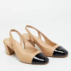 Pre Owned Stuart Weitzman Black/Beige Leather and Patent Slingback Pumps Size 40  