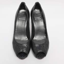 Pre Owned Stuart Weitzman Navy Blue Python Embossed Leather Peep Toe Pumps Size 36