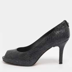 Pre Owned Stuart Weitzman Navy Blue Python Embossed Leather Peep Toe Pumps Size 36