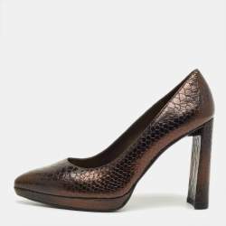Pre Owned Stuart Weitzman Metallic Python Embossed Leather Platform Pumps Size 38.5