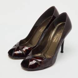 Pre Owned Stuart Weitzman Brown Tortoise Shell Patent Leather Peep Toe Pumps Size 37.5