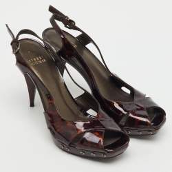 Pre Owned Stuart Weitzman Brown Tortoise Shell Patent Leather Slingback Platform Sandals Size 39.5