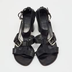 Pre Owned Stuart Weitzman Black Leather Buckle Detail Sandals Size 39