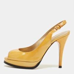 Pre Owned Stuart Weitzman Yellow Patent Peep Toe Slingback Pumps Size 38