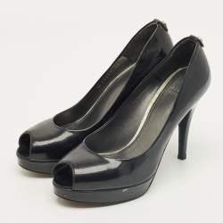 Pre Owned Stuart Weitzman Black Patent Leather Peep Toe Pumps Size 38