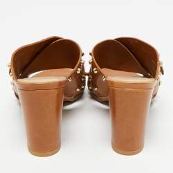 Pre Owned Stuart Weitzman Brown Leather Studs Slide Sandals Size 36