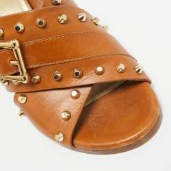 Pre Owned Stuart Weitzman Brown Leather Studs Slide Sandals Size 36