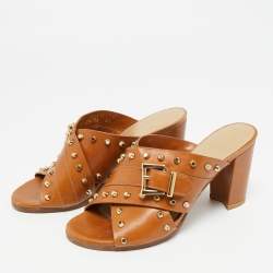 Pre Owned Stuart Weitzman Brown Leather Studs Slide Sandals Size 36