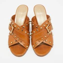 Pre Owned Stuart Weitzman Brown Leather Studs Slide Sandals Size 36
