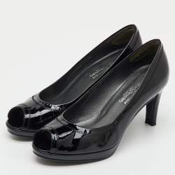 Pre Owned Stuart Weitzman Black Patent Leather Peep Toe Pumps Size 38.5