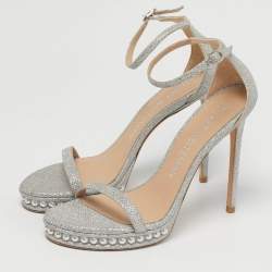 مملوكة مسبقًا Stuart Weitzman Nudist Size 39.5 Silver Metallic Lurex Fabric Pearl Platform Ankle Strap Sandals