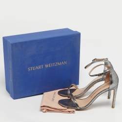 مملوكة مسبقًا Stuart Weitzman Nudistsong Size 38.5 Silver Leather Ankle Strap Sandals
