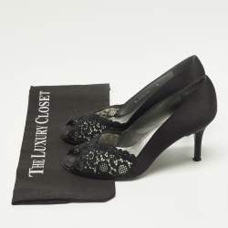 Pre Owned حذاء كعب عالي ستيورات وايتزمان شانتيل دانتيل أسود وحرير مقدمة مفتوحة مقاس 38.5