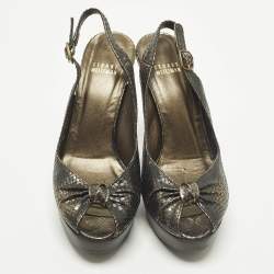 مملوكة مسبقًا Stuart Weitzman Size 38 Metallic Snakeskin Embossed Leather Knot Slingback Peep Toe Pumps