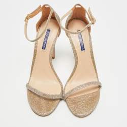 مملوكة مسبقًا Stuart Weitzman Nudist Size 41.5 Gold Metallic Lurex Fabric Ankle Strap Sandals