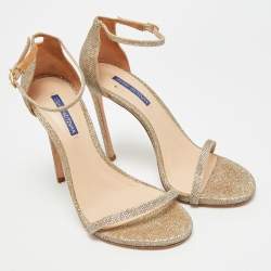 مملوكة مسبقًا Stuart Weitzman Nudist Size 41.5 Gold Metallic Lurex Fabric Ankle Strap Sandals