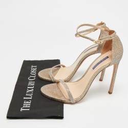 مملوكة مسبقًا Stuart Weitzman Nudist Size 41.5 Gold Metallic Lurex Fabric Ankle Strap Sandals