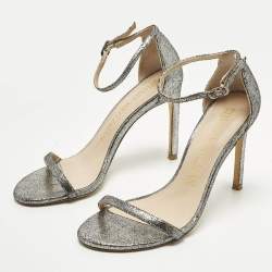 مملوكة مسبقًا Stuart Weitzman Nudistsong Size 37 Silver Texture Suede Ankle Strap Sandals