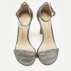 مملوكة مسبقًا Stuart Weitzman Nudistsong Size 37 Silver Texture Suede Ankle Strap Sandals