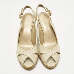 مملوكة مسبقًا Stuart Weitzman Size 37 Beige Canvas Peep Toe Slingback Pumps