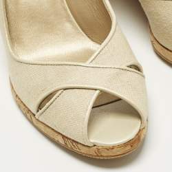 مملوكة مسبقًا Stuart Weitzman Size 37 Beige Canvas Peep Toe Slingback Pumps