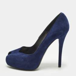 مملوكة مسبقًا Stuart Weitzman Size 38.5 Navy Blue Suede Peep Toe Pumps