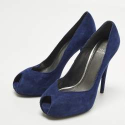 Pre Owned Stuart Weitzman Size 38.5 Navy Blue Suede Peep Toe Pumps
