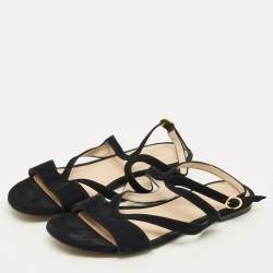 Pre Owned Stuart Weitzman Size 38.5 Black PVC and Suede Ankle Strap Flats