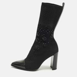 مملوكة مسبقًا Stuart Weitzman Glove Size 39.5 Black Knit Fabric and Leather Embellished Sock Hop Boots