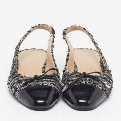 Pre Owned Stuart Weitzman Size 38.5 Black/Silver Patent Leather And Tweed Slingback Flats
