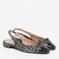 Pre Owned Stuart Weitzman Size 38.5 Black/Silver Patent Leather And Tweed Slingback Flats