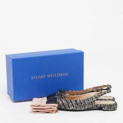 Pre Owned Stuart Weitzman Size 38.5 Black/Silver Patent Leather And Tweed Slingback Flats