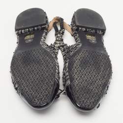 Pre Owned Stuart Weitzman Size 38.5 Black/Silver Patent Leather And Tweed Slingback Flats