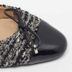 Pre Owned Stuart Weitzman Size 38.5 Black/Silver Patent Leather And Tweed Slingback Flats