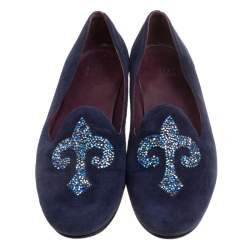 Stuart Weitzman Blue Suede Lys Crystal Rocks Smoking Slipper Size 36.5