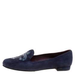 Stuart Weitzman Blue Suede Lys Crystal Rocks Smoking Slipper Size 36.5