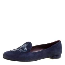 Stuart Weitzman Blue Suede Lys Crystal Rocks Smoking Slipper Size 36.5