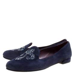 Stuart Weitzman Blue Suede Lys Crystal Rocks Smoking Slipper Size 36.5