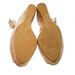 Stuart Weitzman Beige Patent Leather Jean Peep Toe Cork Wedge Slingback Sandals Size 41