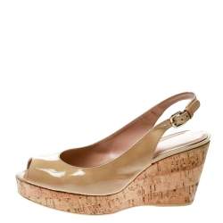 Stuart Weitzman Beige Patent Leather Jean Peep Toe Cork Wedge Slingback Sandals Size 41