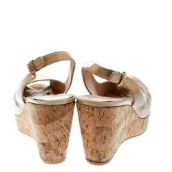 Stuart Weitzman Beige Patent Leather Jean Peep Toe Cork Wedge Slingback Sandals Size 41