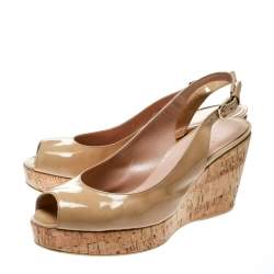 Stuart Weitzman Beige Patent Leather Jean Peep Toe Cork Wedge Slingback Sandals Size 41