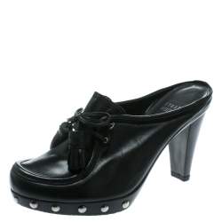 Pre Owned Stuart Weitzman Black Leather Fringe Bow Slip On Loafer Mules Size 36.5