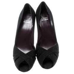 Stuart Weitzman Black Textured Fabric Criss Cross Open Toe Platform Pumps Size 39